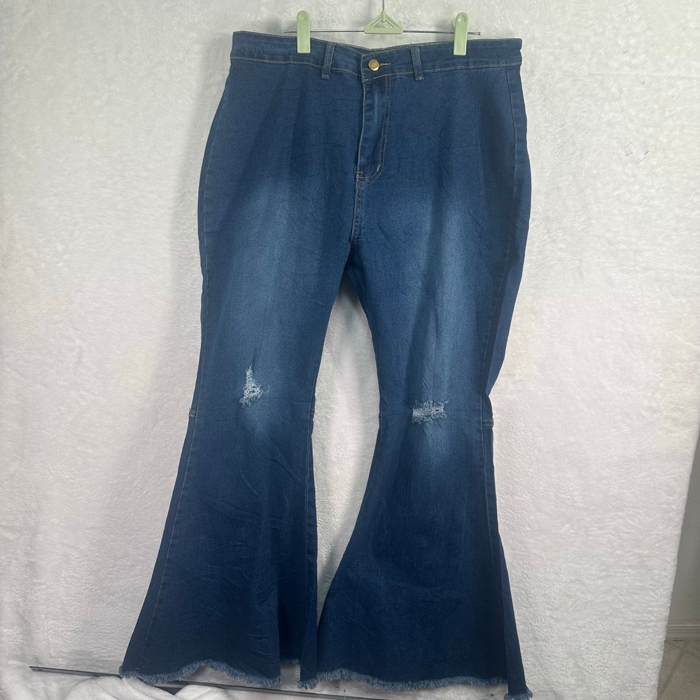 Jeans Distressed Extreme Flare Womens 18 Blue Denim Frayed Hem Bell Bottoms